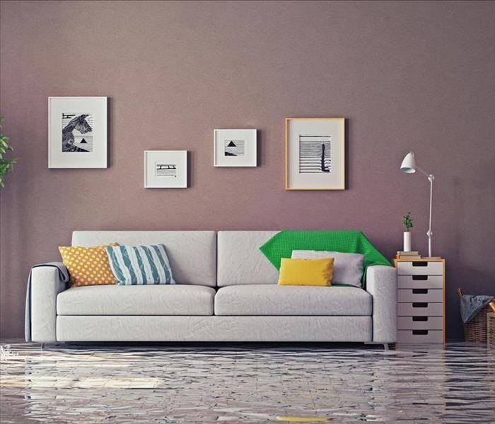 Image of a flooded living room with sofa and decorations 